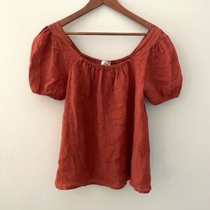 Italian Made Bellambra 100% Linen Blouse Top Puff Sleeve Rust Terracotta Large